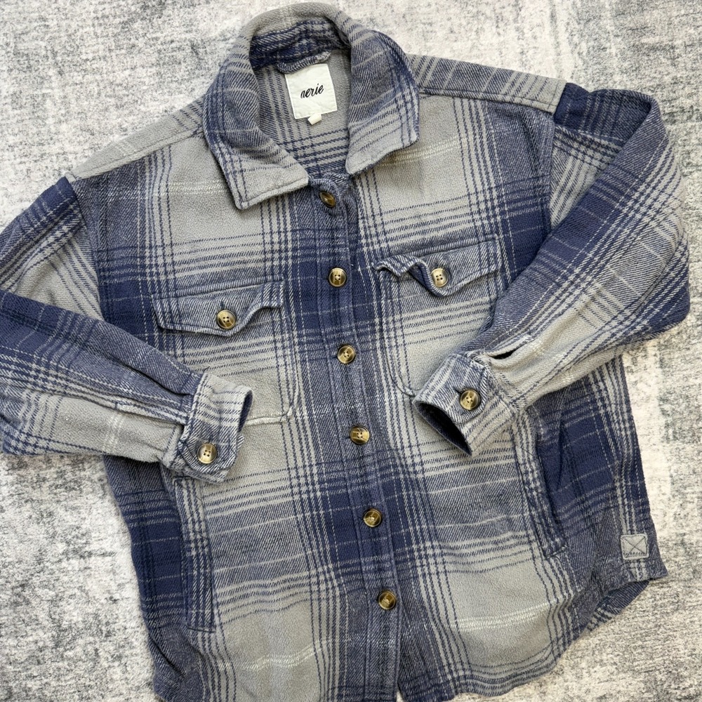 Aerie Flannel Shacket Womens Small Blue Plaid Heavyweight Oversized Pockets Top